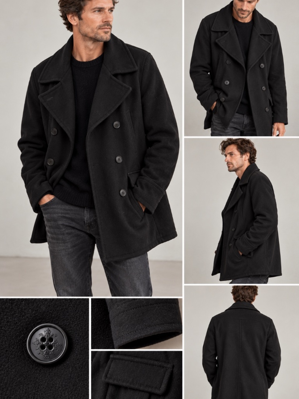 Mens Wool Cashmere Alexander McQueen black Pea coat. size 50.